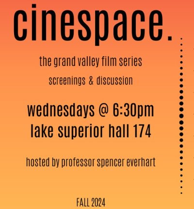 Cinespace information including host, date and time mentioned in description with orange to yellow ombre background.